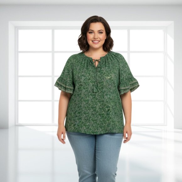 Max Studio Green Floral Ruffle Blouse Split Neck Tassel Ties Flowy & Lightweight - Picture 1 of 14